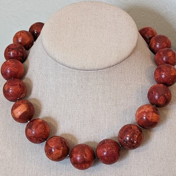 Genuine Coral Marbled Red 20 Bead Statement Necklace w/ Sterling Toggle Clasp - Picture 1 of 15